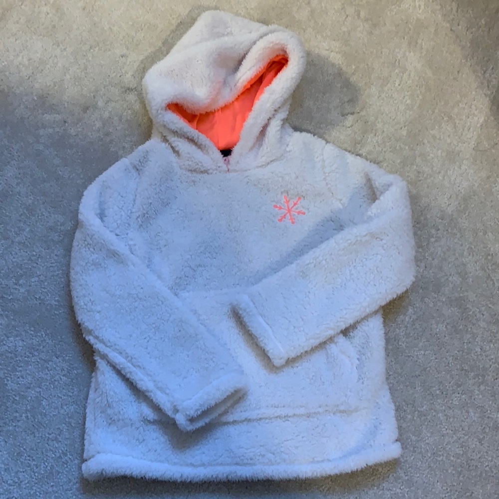 Cozy white hoodie with neon pink accents